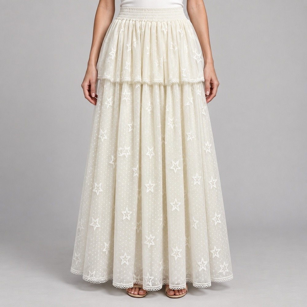 NK Collection Cream Star Embroidered Mesh Tiered Ruffle Maxi Skirt